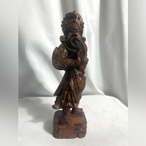Chinese Carved Wood GuanYu Vintage Warrior 12” Tall Art Deco Strong Figurine